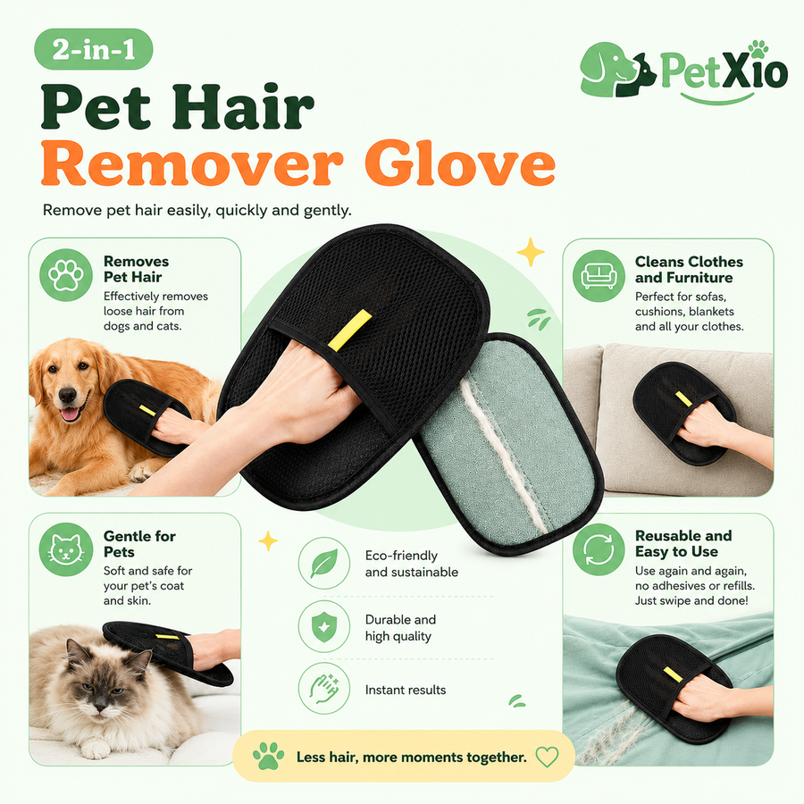 PetXio 2-in-1 Pet Hair Remover Glove — removes hair, cleans furniture, gentle for pets, reusable
