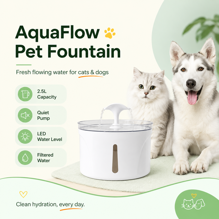 Aquio pet water fountain with cat and husky drinking fresh circulating water