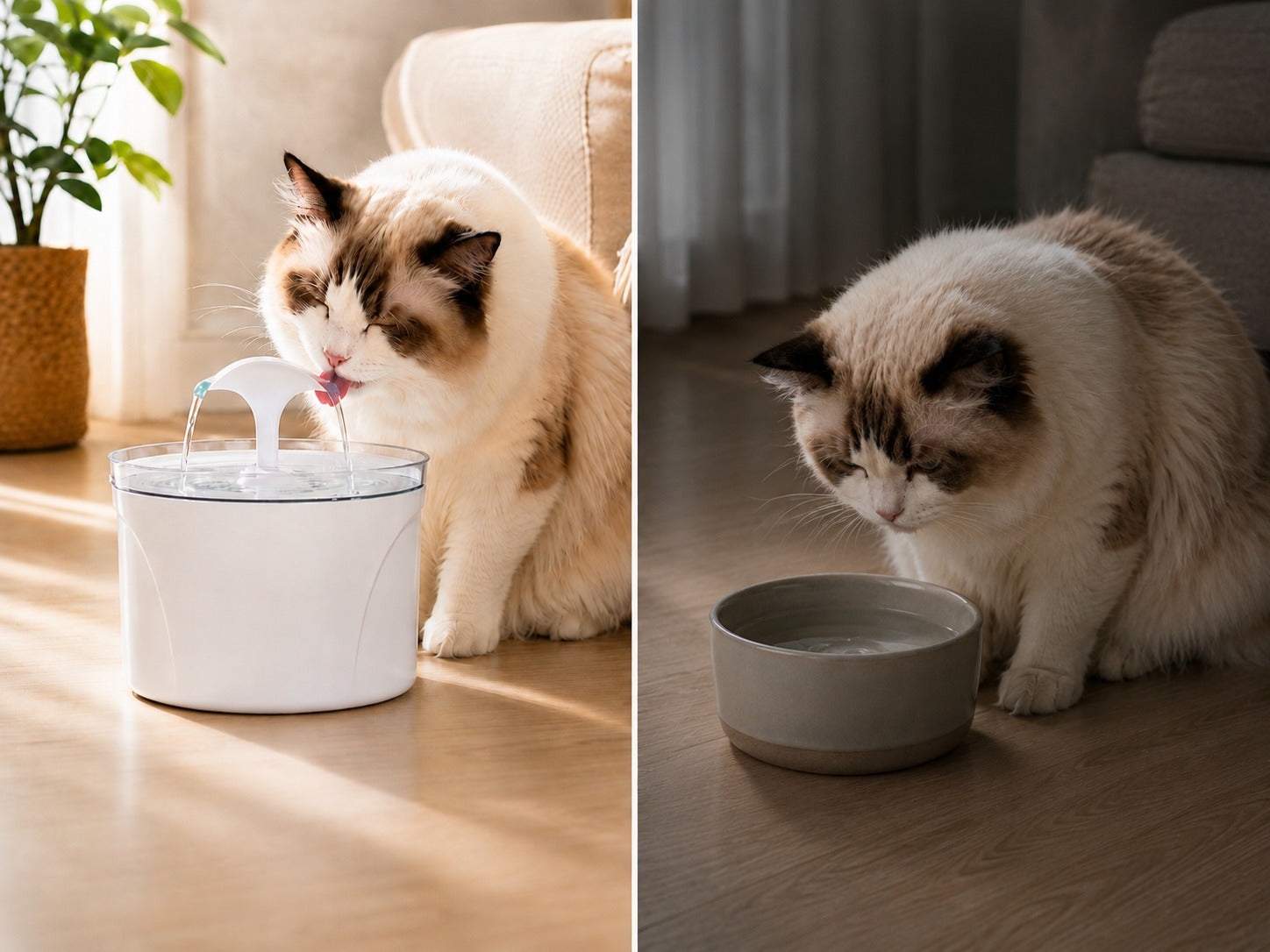 Happy cat drinking from the Aquio fountain vs sad cat with a traditional bowl